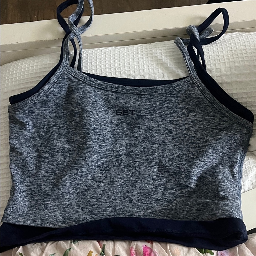 SET Active Heather Navy Grey Double-Strap Crop Tank